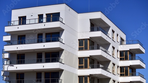 Downtown modern residential architecture. Architectural details of modern apartment building. Modern european residential apartment building complex.