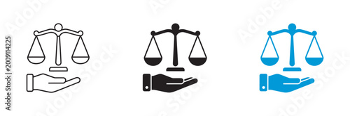 Bild auf Leinwand Hand holding justice balance scales, law fairness equality symbol, outline silhouette and flat color styles, legal concept design, vector illustration