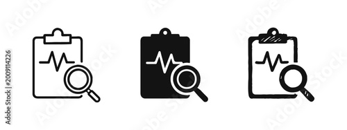 Foto Medical checkup and heart health icon set with clipboard and magnifying glass