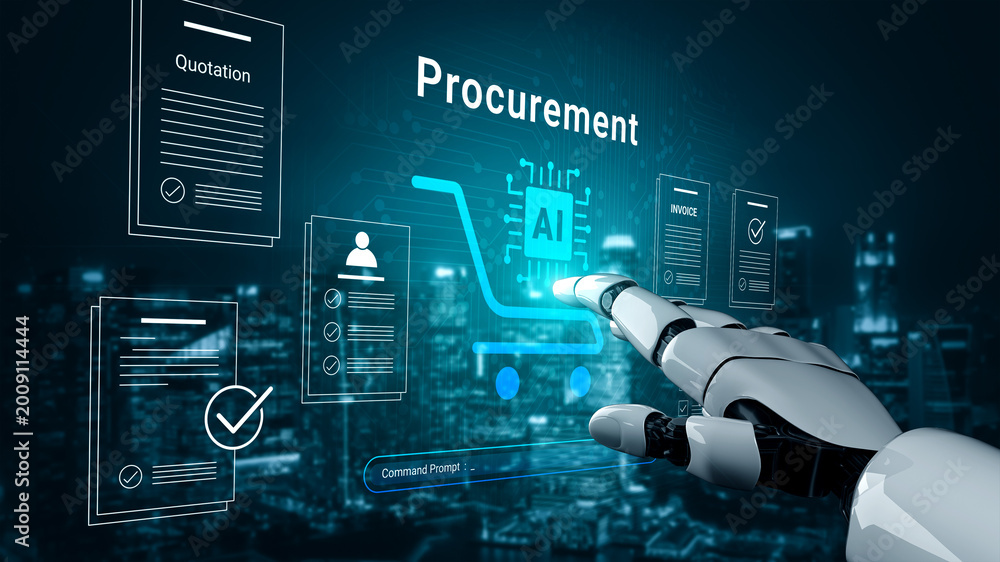 Naklejka premium A robotic hand interacts with a digital procurement interface displaying key business documents against a futuristic city backdrop, highlighting automation and artificial intelligence. Cyphers