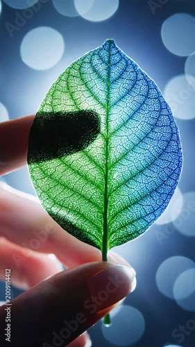This showcases a person holding a vibrant leaf with intricate veins in front of a colorful background with bokeh lights. The leaf glows with a mesmerizing light, creating a stunning visual effect.