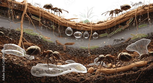 Schilderij op canvas Realistic Ant Colony Nest Interior Scene With Eggs Larvae Wood Soil Detailed Vec