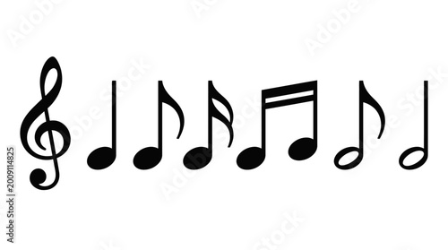 Vector musical notation symbols set, treble clef, quarter note, eighth note, sixteenth note, dotted half note, whole note vector illustration for music design and education projects