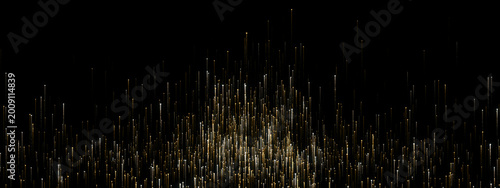 Stunning abstract golden light particles and glowing vertical lines rising upwards on a dark black background. Perfect for luxury, technology, data visualization, and celebratory concepts