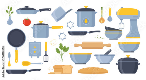 Tableau sur toile Kitchenware and Food Collection: Utensils, Pans, Mixer, Bread, Tomato