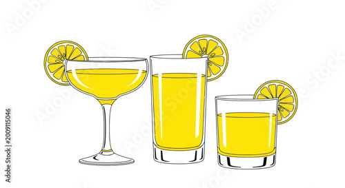 Bilde på lerret Three refreshing yellow cocktails with lemon slices on white background