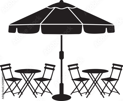 Outdoor patio set with umbrella and folding chairs Vector