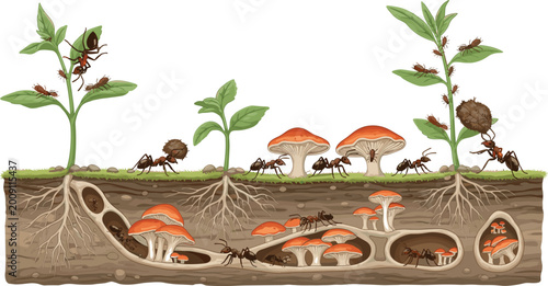 Foto Ant Colony Underground Cross Section With Mushrooms Plants Roots and Tunnels Det