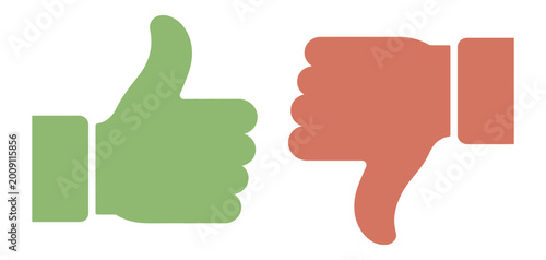 Fényképezés Green thumbs up and red thumbs down symbols, approval and disapproval icons, like and dislike concept, feedback rating signs, vector illustration