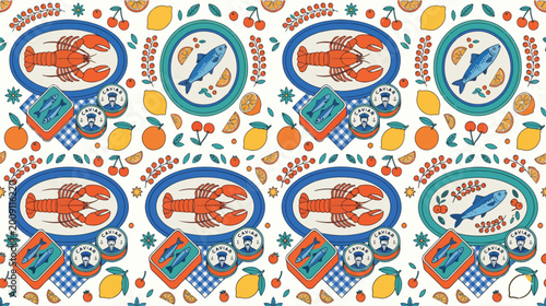 Vintage sea food seamless pattern. Italian cuisine background illustration in hand drawn style. Retro mediterranean beach surface print design, summer vacation texture.