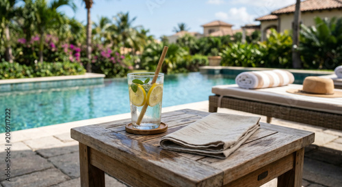 Poolside table spa mood with poolside table, book, drink, towels and blue pool