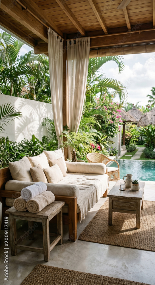 Fototapeta premium Spa terrace mood with spa terrace chairs, tropical garden and shaded outdoor lounge