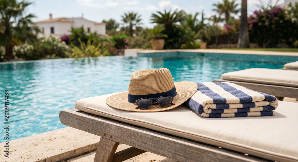 Obraz premium Pool lounger spa mood with pool lounger, sun hat, towel and sparkling blue pool