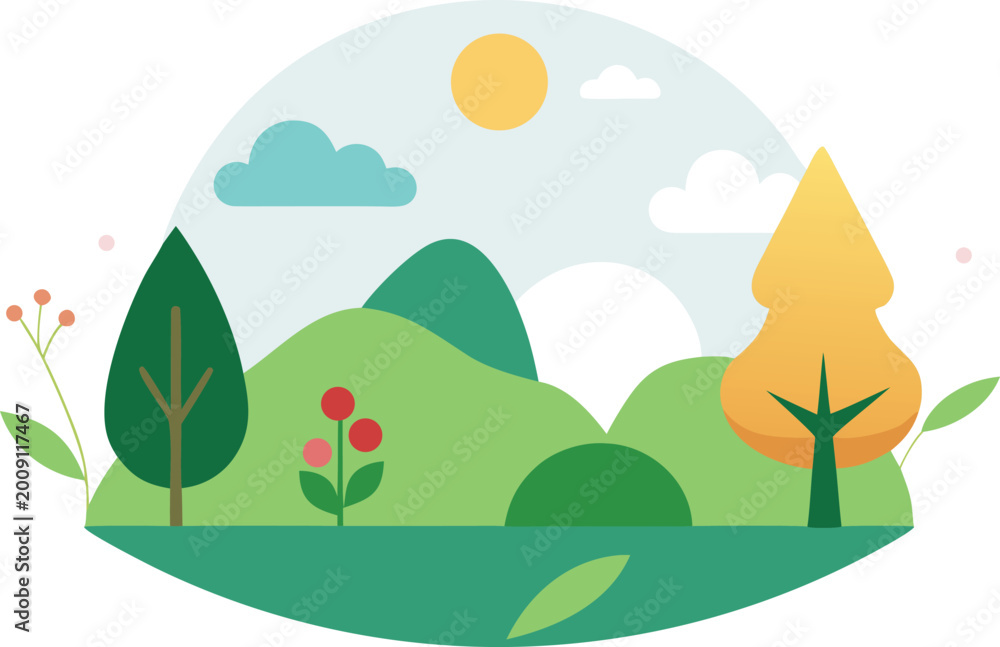 Obraz premium Spring landscape with trees and flowers flat vector art illustration