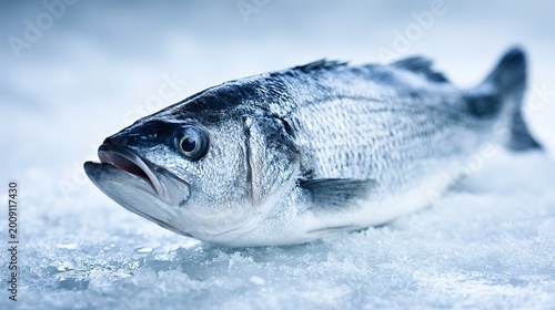 Fresh sea bass close-up on ice slab with glistening scales, cool blue tones, directional lighting for professional food styling