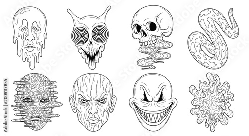 Tableau sur toile Creepy Monster Faces and Skulls - Horror Cartoon Style Vector Art