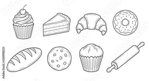 Foto Hand-drawn bakery icons: cupcake, cake slice, croissant, donut, bread, cookie, m