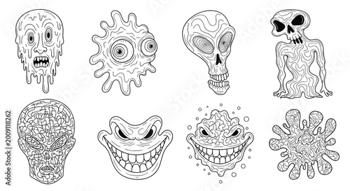 Vászonkép Grotesque Monster Faces Collection: Cartoonish, Spooky, and Weird Characters
