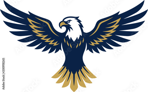 Foto Illustration of a navy blue and gold eagle with outstretched wings and white hea
