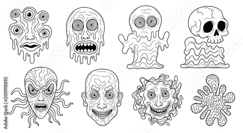 Bild auf Leinwand Creepy Monsters Collection: Spooky Cartoon Faces, Horror Creatures, Bizarre Illu