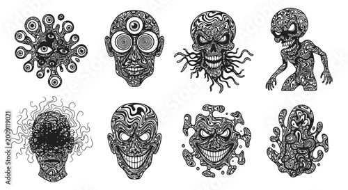 Abstract Monstrous Faces Collection: Scary, Surreal, and Psychedelic Illustrations