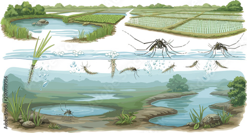 Photos Mosquito Habitat and Breeding Ground in Swamp Wetland Showing Underwater Life Cy