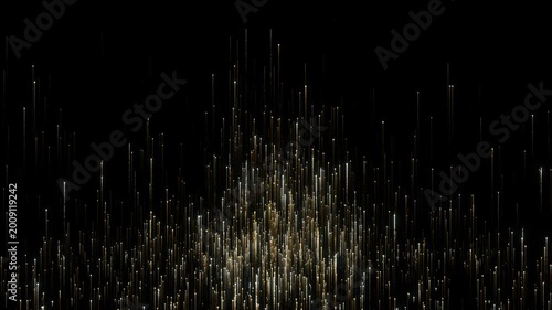 Stunning abstract golden light particles and glowing vertical lines rising upwards on a dark black background. Perfect for luxury, technology, data visualization, and celebratory concepts