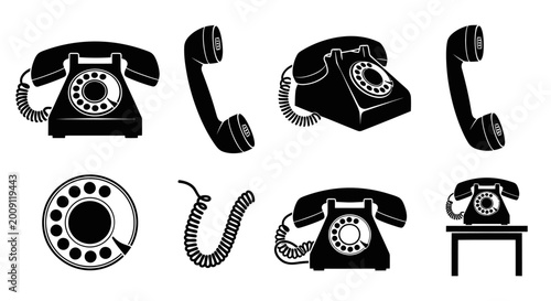 Vintage Rotary Phones Collection: Black Silhouettes of Retro Communication Devices