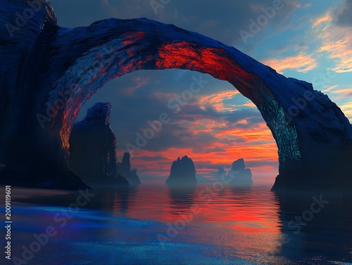 Ocean Arch at Sunset with Dramatic Red Sky and Rocky Islands
