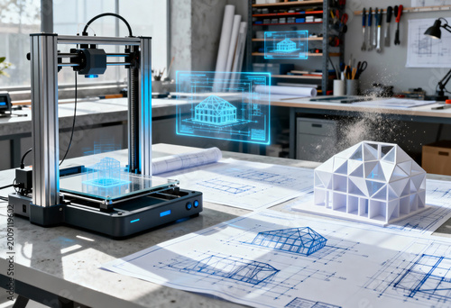 A 3d printer displays a holographic architectural model in a modern workshop. Futuristic engineering and design concept with blueprints and a physical prototype