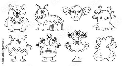 Canvas Print Cute Cartoon Monsters Collection, Hand-drawn Aliens, Funny Characters