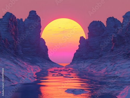 Dramatic Sunset Through Rocky Canyon Reflecting on Water Synthwave Style