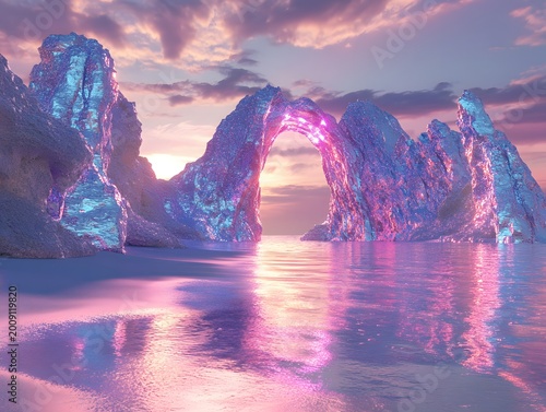 Fantasy Arch Rock Formation Reflecting Pink Purple Sunset Light Over Calm Water