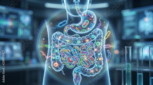 Human gut microbiome with glowing bacteria in digestive system, intestine and stomach, medical 3D illustration, gut health concept
