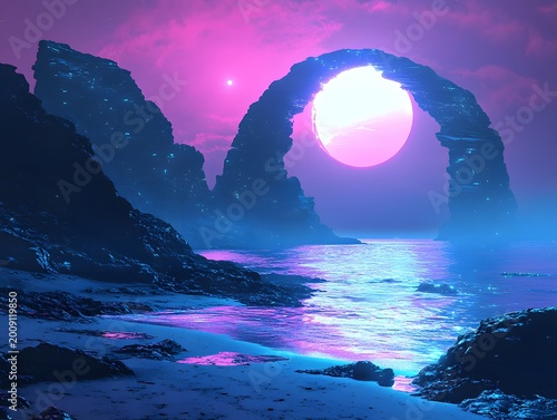 Pink Sun Arching Over Neon Ocean and Rocky Shoreline at Dusk