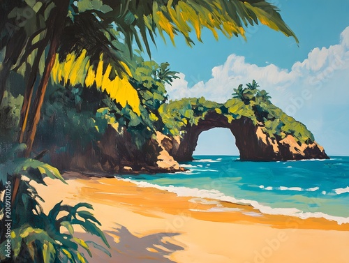Tropical Beach Arch Rock Formation and Palm Trees Sunny Day Ocean View Painted Style