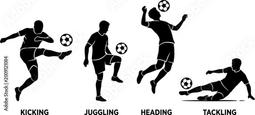 Photos Silhouette of soccer players performing various actions with a ball  kicking jug