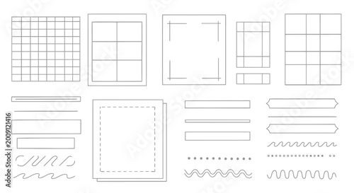 Hand-drawn grid layout elements, design templates, sketch lines, and frames