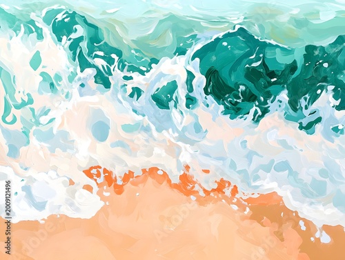 Abstract Ocean Waves Crashing on Sandy Beach Top View Textured Brush Strokes