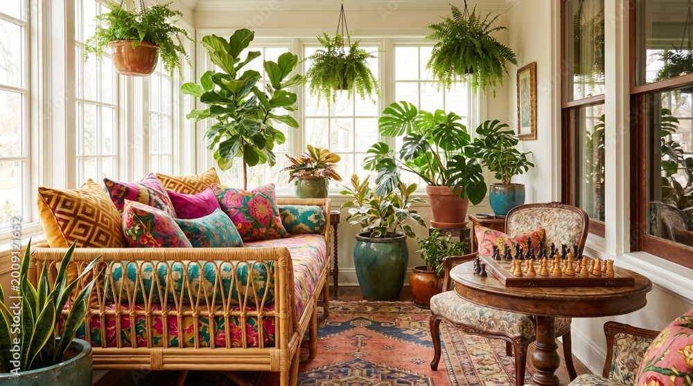 Fototapeta premium Bright modern maximalist sunroom with pattern-mixed cushions and overgrown plants. 