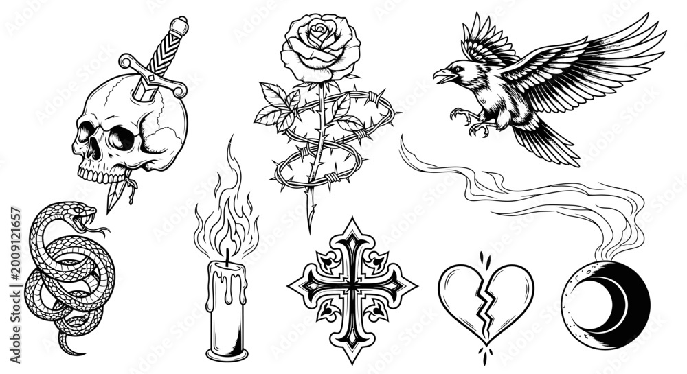 Obraz premium Gothic Tattoo Design Elements: Skull, Rose, Eagle, Snake, Candle, Cross, Heart