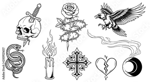 Gothic Tattoo Design Elements: Skull, Rose, Eagle, Snake, Candle, Cross, Heart