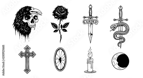 Cuadro en lienzo Gothic Tattoo Design Elements: Skull, Rose, Cross, Snake, Candle, Moon