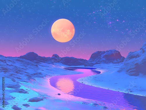 Alien Landscape Under Large Moon and Starry Sky with Reflecting River Surreal Sci-Fi