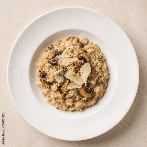 Mushroom risotto on white plate with parmesan cheese