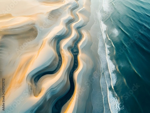 Aerial View of Sand Dunes Meeting Ocean Waves Abstract Swirls of Sand and Water