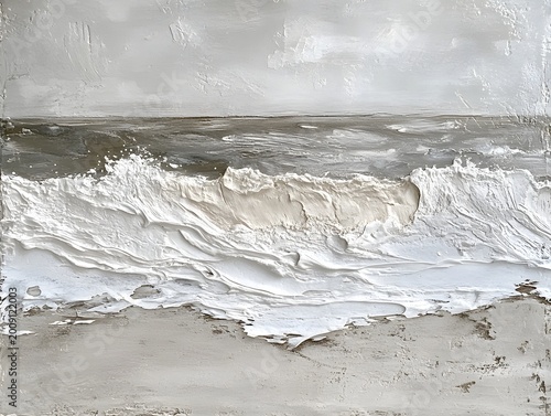 Textured Impasto Seascape Painting with Crashing Waves and Sandy Shore Neutral Tones