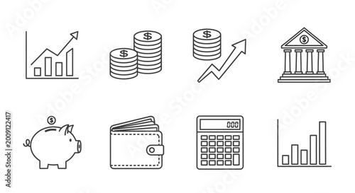 Photos Financial Icons Set: Piggy Bank, Wallet, Calculator, Coins, Bank, Graphs