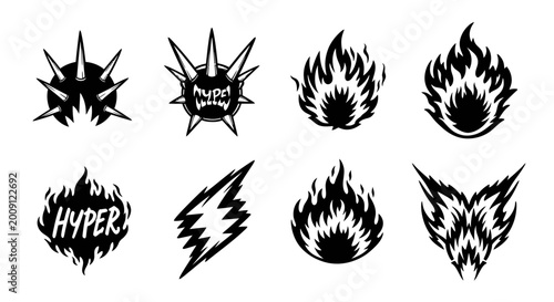 Schilderij op canvas Fiery Icons: Flames, Spikes, Lightning Bolt, and Hyper Text