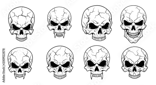 Canvas Print Set of Scary Skulls with Fangs and Cracks, Black and White Vector Art